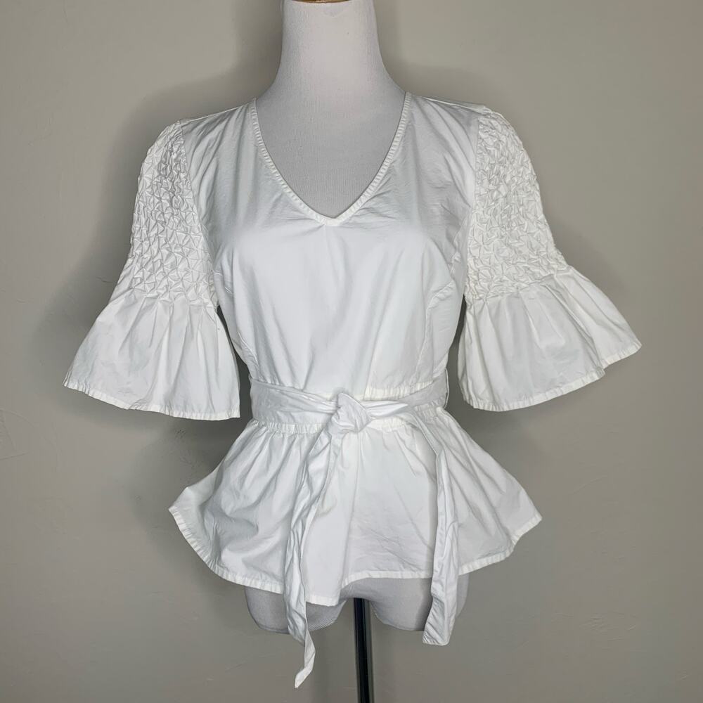 Kaari Blue White Cotton Top Sz 8 Ruffle Sleeve